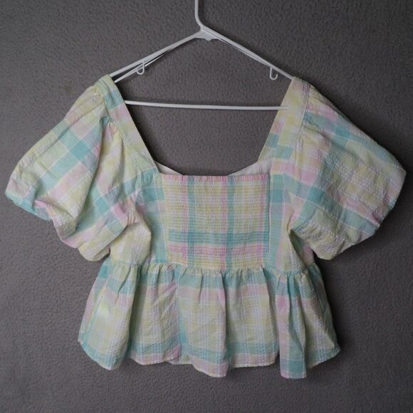 Old Navy Top 2X Multicolor Square Neck Checked Seer Sucker Puffy Short Sleeves - Picture 2 of 11